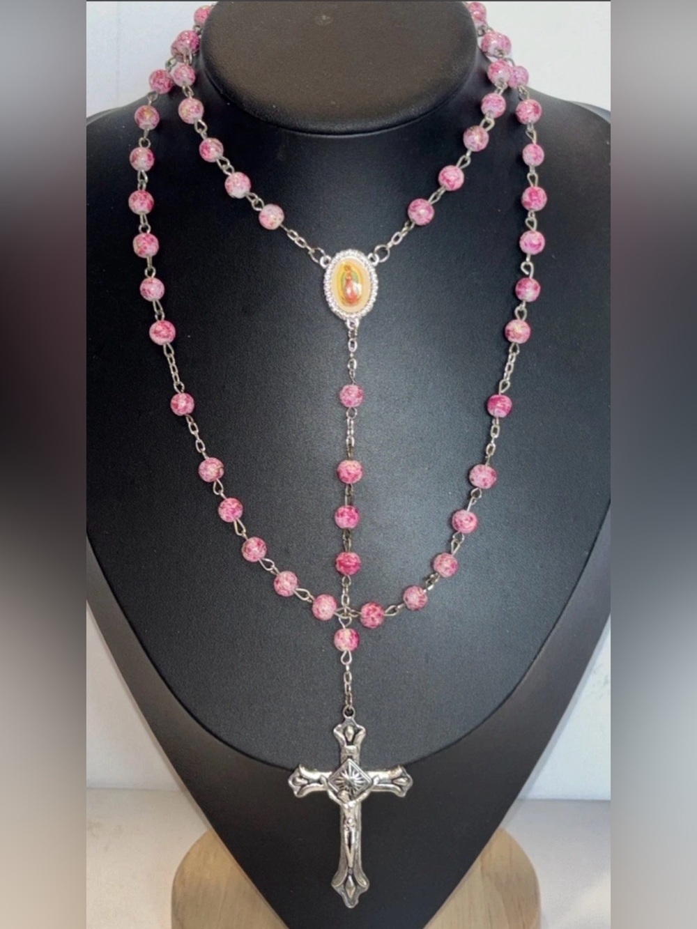 Vintage Pink Splatter Bead Rosary Double Sided Guadalupe Lourdes Medal